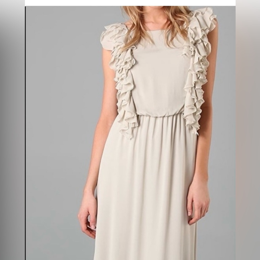 Alice + Olivia Lison Long Flounce SILK Sleeve Dress in the stone color sz M
